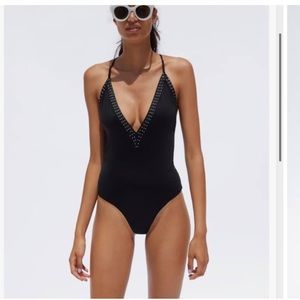 black one piece swimsuit with bling designed vneck hem never worn